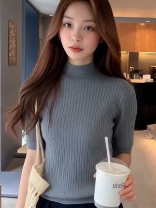 休闲半高领针织衫短袖2025秋季新款韩版修身显瘦短款打底辣妹 #穿出高级感 #显瘦穿搭 #显瘦遮肉 #甜美女孩