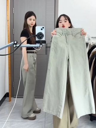 卡其色裤子小个子美式阔腿牛仔裤女高腰夏季宽松显瘦直筒拖地长裤#显高显瘦显腿长 #牛仔裤推荐 #小个子穿搭 #女生穿搭 #穿出自己的风格