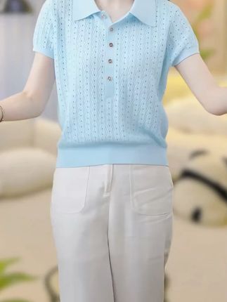 天丝+桑蚕丝夏季Polo领纯色镂空针织衫2025新款宽松百搭气质上衣 #气质上衣 #针织衫