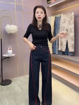 安可拉线条丹宁蓝阔腿裤牛仔裤女2025秋季新款高腰宽松百搭长裤#百搭神裤 #显瘦穿搭 #牛仔裤 #轻奢女装 #百搭裤子