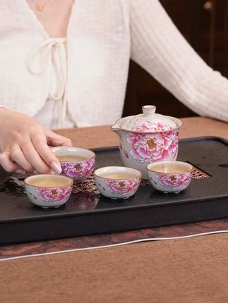 汝窑变色牡丹一壶四杯旅行茶具 #茶器之美 #茶具好物推荐 #旅行茶具