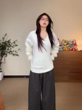 【羊绒米兰呢】简约碎花宽松长款气球裤休闲裤高腰百搭直筒阔腿裤女 #ootd穿搭 #今天穿什么 #品质女装 #百搭神裤 #出游穿搭