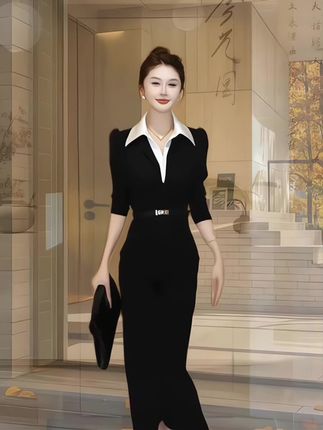 2025秋季新款气质修身显瘦拼接POLO领后开叉中长款连衣裙#高级感穿搭 #优雅气质 #气质女神穿搭 #显瘦连衣裙 #气质穿搭