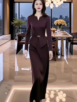 高贵优雅连衣裙女2025秋季新款修身显瘦假两件时尚收腰长裙3074#连衣裙#长裙#假两件连衣裙 #高贵优雅 #时尚收腰显瘦连衣裙