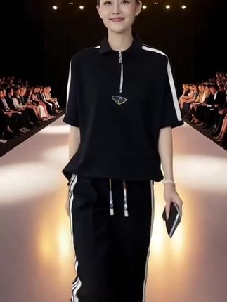 大码运动服休闲套装女夏季侧边条纹遮肉阔腿裤两件套#大码女装 #运动服套装 #阔腿裤#时尚穿搭