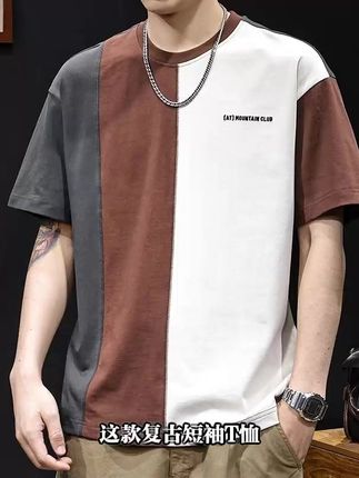 美式复古拼接潮牌短袖t恤男士宽松大码衣服高端体恤夏季2025新款