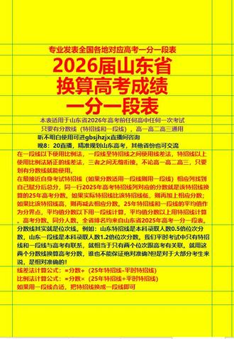 2026届山东省换算高考成绩一分一段表 适用于山东省2026年高考前任何一次考试换算高考成绩。