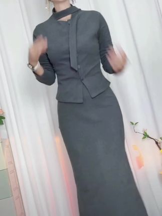 【两件套】小香风灰色飘带短款上衣女春季包臀鱼尾裙长裙盐系轻熟#时尚穿搭 #气质搭配 #面料柔软舒适