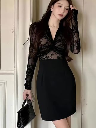 轻熟#植绒V领蕾丝长袖连衣裙#秋季爆款 气质扭结#修身显瘦包臀中长裙#连衣裙#蕾丝连衣裙