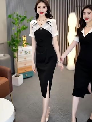 时尚法式假两件短袖连衣裙女夏季新款气质显瘦中长款休闲开衩裙子#连衣裙 #休闲连衣裙 #显瘦连衣裙 #假两件连衣裙 #短袖连衣裙