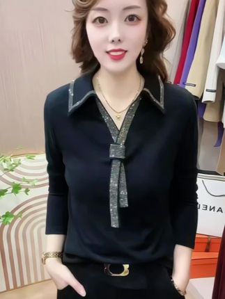 秋季时尚洋气新款简约翻领纯色烫钻百搭显瘦长袖T恤小衫上衣#谁穿谁好看 #穿出自信穿出美丽 #内搭外穿都好看