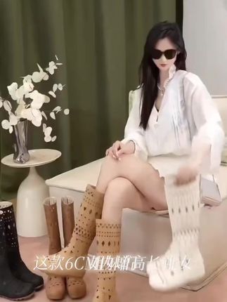 6CM内增高长靴女25夏季设计感镂空圆头高筒靴女波西米亚风长筒靴