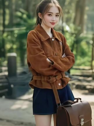 早秋独特好看美拉德复古高级感棕色翻领夹克短外套女#穿搭 #时尚 #高级穿搭