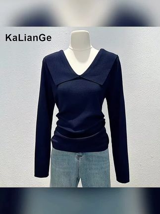 卡莲格/海军领长袖针织打底衫女秋季新款微胖mm修身显瘦气质上衣#打底衫女 #显瘦穿搭 #长袖针织衫