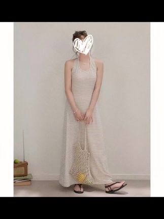 大码女装新款挂脖高腰长袖外批连衣裙荡领法式无袖条纹#辣妹穿搭 #裙子 #穿搭分享 #连衣裙分享