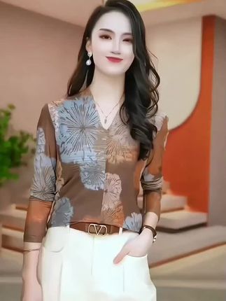网纱打底衫 【9034#钻v领长袖T恤春季新款百搭洋气修身显瘦气质网纱打底衫上衣】#打底衫#网纱打底衫