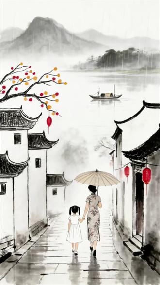 《雨巷相遇》 画板上
古镇停泊在笔尖
墨痕未干时
我走进
相框里的雨天
青石板
被雨水打磨多年
油纸伞
撑开一片
浸透天空的蓝
伞下的人
正是姥姥年轻的模样
辛苦操累一辈子她
终于穿上她心爱的旗袍
我的手伸进泛黄的时光
握住一缕真实的暖
她回头 微笑着
像认出远方的信
她的手粗糙却温暖
像樟木箱里
压着的春天
氤氲里浮起黛瓦
涟漪中沉着旧时
旗袍轻拂着岁月
雨丝缝合着两岸
细雨斜
湖面轻
橹声摇动
整个水乡的宁静
镜中的船
载着时间的籽
我们是同一条河流里
两朵互望的涟漪
细雨问石阶
橹声问湖面
我不知道
这橹声要把我们
摇向她的从前
还是我的以后
遇见
梳辫子的妈妈
或是
更小的自己
只知道 雨停的时候
画板上多了两行涟漪——
一行是走过的路
一行是还没走的路
#炭笔画 #怀旧 #古镇 #创意 #原创诗