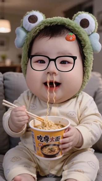 #AI沙发泡面奇遇记 看看俺家两个多月宝贝孙女都会吃泡面了😂😂😂哈哈哈笑死我了!!!!