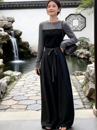 时尚撞色拼接假两件长袖上衣女2025春秋新款系带收腰阔腿裤套装潮#简约穿搭 #穿搭分享 #传统服饰 #晚宴礼服穿搭