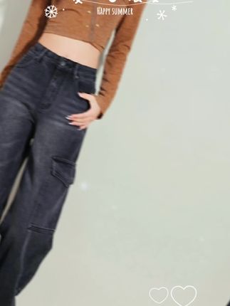 #拉夏贝尔灰色直筒工装牛仔裤女2025秋季新款小个子窄版阔腿裤子