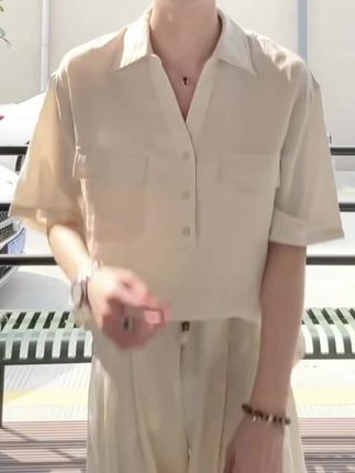 OXFREAK「天丝亚麻 立体口袋 」老钱风套头V领短袖衬衫男薄款衬衣#夏季穿搭 #男生穿搭 #短袖衬衫#老钱风#薄款衬衣