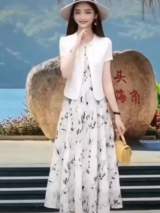 高档女士连衣裙2025新款夏季新中式宽松大码遮肚显瘦印花两件套装#创作灵感好物分享#连衣裙#上衣与连衣裙两件套#新中式宽松上衣#谁穿谁好看系列