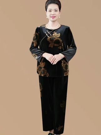 秋季新中式时尚圆领盘扣拼接金丝绒两件套妈妈秋装大码国风套装女@DOU+小助手
