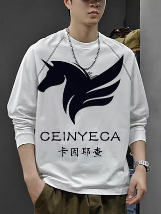 卡因耶查春秋季印花长袖t恤男士宽松潮流内搭圆领白色休闲打底衫#休闲卫衣 #打底衫 #长袖 #长袖衬衫 #长袖t恤男