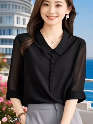 中袖雪纺衬衫女士装夏季2025年新款黑色上衣气质漂亮洋气短袖小衫 #洋气大方 #减龄穿搭 #谁穿谁好看 #气质穿搭