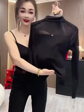 网红时尚半高领黑色网纱长袖打底衫洋气修身显瘦女士长袖打底衫#气质女神范儿 #只做高品质 #洋气小衫 #打底衫 #网纱打底衫