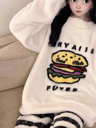 睡衣女冬季新款甜美可可汉堡爆款少女加绒加厚冬款家居服可外穿