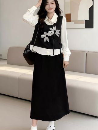 大码女装独特绝美套装裙秋季假两件上衣胖MM遮肉显瘦半身裙两件套