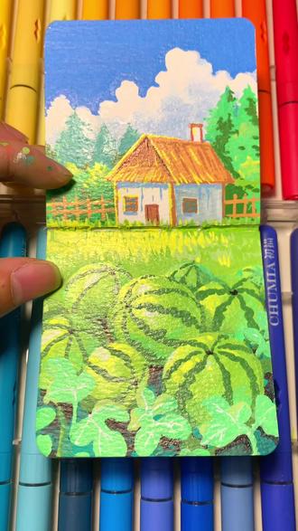 零基础教大家画一片治愈的西瓜地和小木屋,千万别眨眼噢!#跟着抖音学画画 #每日一画 #绘画教程 #画画 #丙烯马克笔绘画