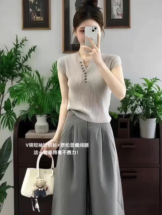 温柔系炸街奶乖套装女夏季新款短袖针织衫+宽松显瘦阔腿裤两件套#每日搭配分享👗时尚穿搭 #套装#谁穿谁好看#穿搭#短袖