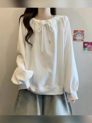 大码胖妹妹慵懒风抽绳长袖卫衣宽松显瘦小众上衣#慵懒风穿搭 #百搭上衣 #藏肉显瘦穿搭 #洋气减龄#小众设计感
