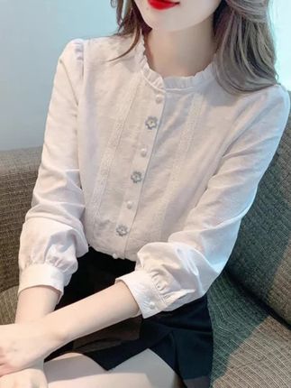 100%棉 新款木耳边立领纯棉衬衫女长袖内搭打底衫上衣#衬衫 #打底衫 #谁穿谁好看 @DOU+小助手