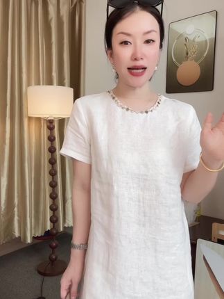 夏季新款亚麻简洁纯色休闲短袖连衣裙#亚麻连衣裙#穿搭喜欢我关注我