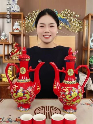 夜光红龙壶美酒53度500ml两壶带四个酒杯#纯粮酿造 #清香型白酒 #景德镇陶瓷 #收藏摆柜 #送礼佳品