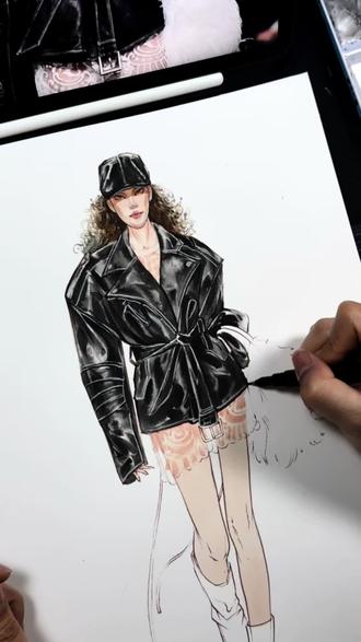 水彩皮衣质感表现#手绘 #画画 #时装画#服装效果图