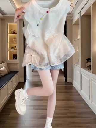 新中式刺绣斜襟盘扣无袖衬衫女2025夏高级感气质减龄百搭立领背心