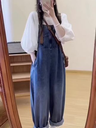 孕妇背带裤春秋时尚新款套装宽松多口袋休闲牛仔阔腿连体裤子套装#好物推荐🔥 #谁穿谁好看系列 #背带裤#孕期 #孕妈