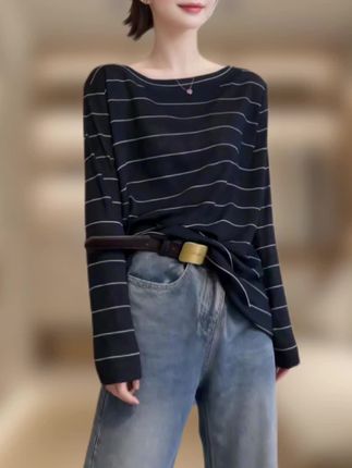 早秋新款欧货条纹宽松长袖T恤女时尚百搭秋季打底衫