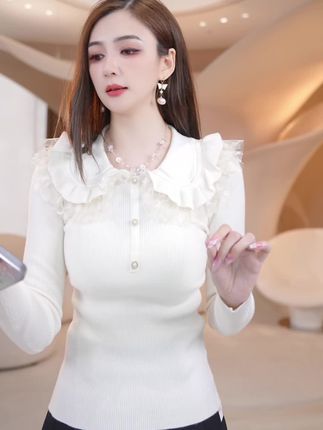 COCO BECCI【简爱日记】绵羊毛拼接蕾丝氛围感针织衫CFLJC331156#针织衫 #百搭上衣 #甜美穿搭 #洋气减龄 #气质穿搭