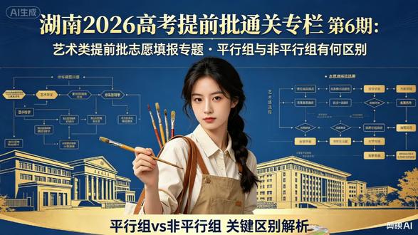《湖南2026高考提前批通关专栏》第6期:艺术类提前批填报 在前五期专栏中,我们完整拆解了普通类本科提前批所有主流赛道,涵盖军校、警校、四大定向铁饭碗、名校捡漏通道等全部品类。
很多考生和家长容易忽略:湖南高考提前批分为普通类、艺术类两大独立体系,两者批次独立、填报时间独立、投档规则独立、严禁跨类混报。
尤其2026年湖南艺术类提前批分为平行组、非平行组两大招录模式,志愿数量、投档逻辑、征集次数完全不同,也是每年艺术生最容易填报失误、落榜滑档的重灾区。
本期严格对标《湖南省2026年普通高校招生工作实施办法》,系统梳理艺术类提前批完整规则,区分平行组与非平行组核心差异、填报时间、志愿设置、投档逻辑、兼报红线,给艺术考生提供唯一准确的填报依据。
#艺术生高考填报志愿指南 #艺术生模拟填报志愿 #高考艺术类专业 #高考艺术类报考指南 #艺术生志愿模拟填报