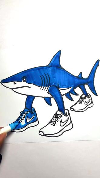 用马克笔涂鸦鲨鱼耐克 #展示你的手工diy成果#日常瞎画#马克笔
