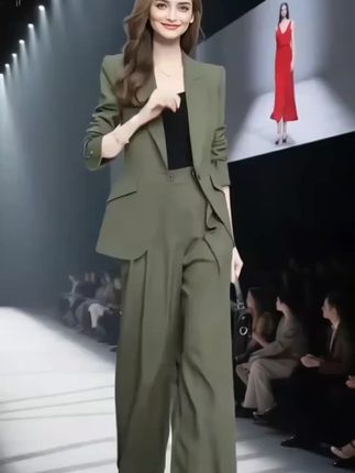 2025新款高腰阔腿裤时尚气质绿色西服套装#早秋高智感职场穿搭 #通勤穿搭 #藏肉显瘦穿搭 #气质西装套装 #巨量千川