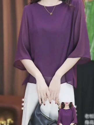 #同款 #百搭 减龄女装紫色圆领短袖衬衫女夏季宽松显瘦开叉上衣薄款#你能穿的我也能穿 #看过来 #日常分享