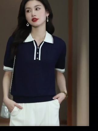 哥弟阿玛施正桑蚕丝短袖T恤女夏装冰丝针织polo
