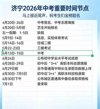 济宁2026年中考重要时间节点 马上接近尾声了,祝考生们金榜题名! #济宁中考 #初升高