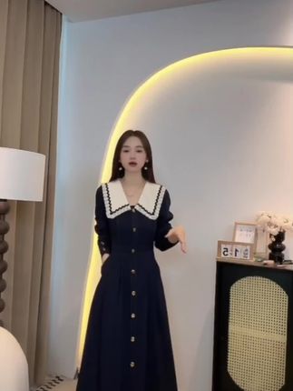 A602春秋新款女装法式高级感撞色连衣裙胖mm显瘦遮肉垂坠感掐腰裙